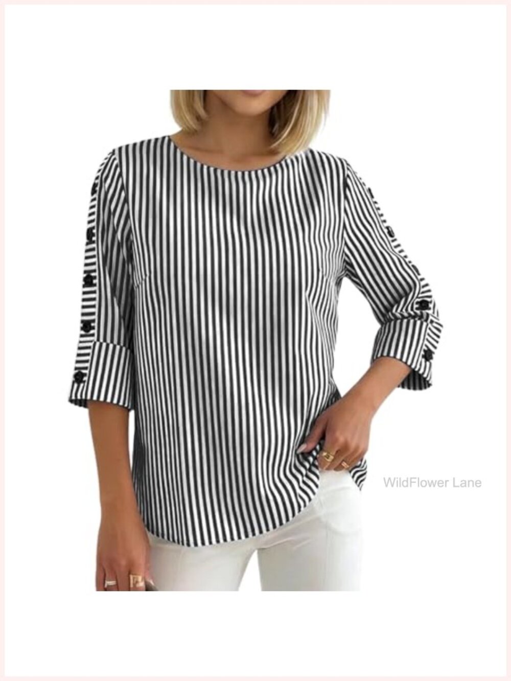 Womens Striped 3/4 Sleeve Blouse Crew Neck Lightweight Button Detail Casual Top